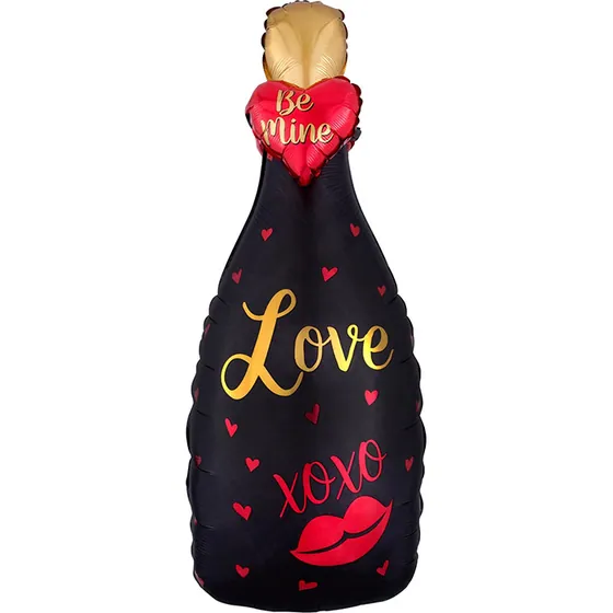 Шар (33”/84 см) Фигура, Бутылка, Шампанское, Love, Черный/Красный
